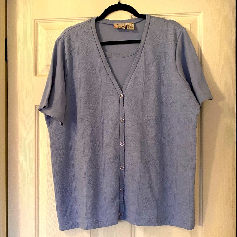 Blue/Gray Short-Sleeve Cardigan with Built-In Shirt by Hastings & Smith Women
